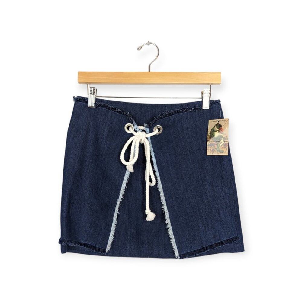 Vintage Navy Blue Tie Front Fringe Edge Denim Mini Skirt